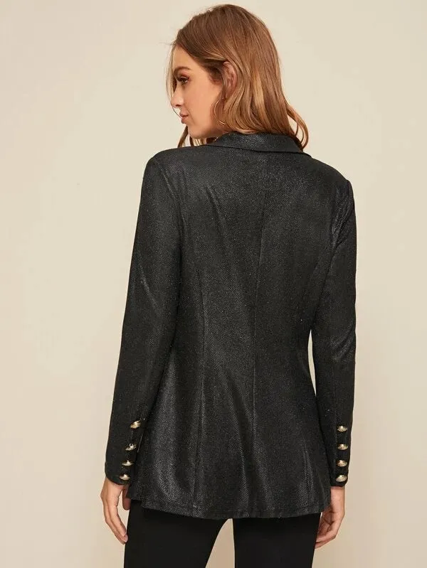 CM-CS031405 Women Elegant Seoul Style Notched Collar Double Breasted Glitter Blazer - Black