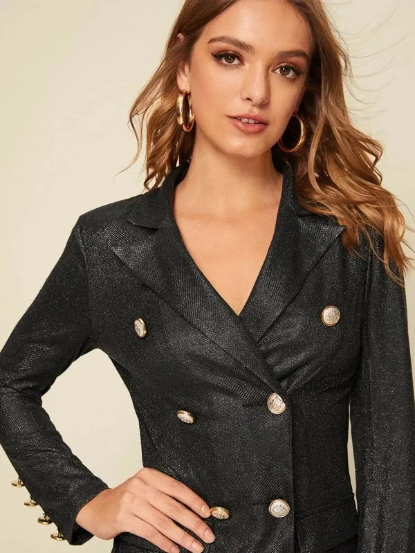 CM-CS031405 Women Elegant Seoul Style Notched Collar Double Breasted Glitter Blazer - Black