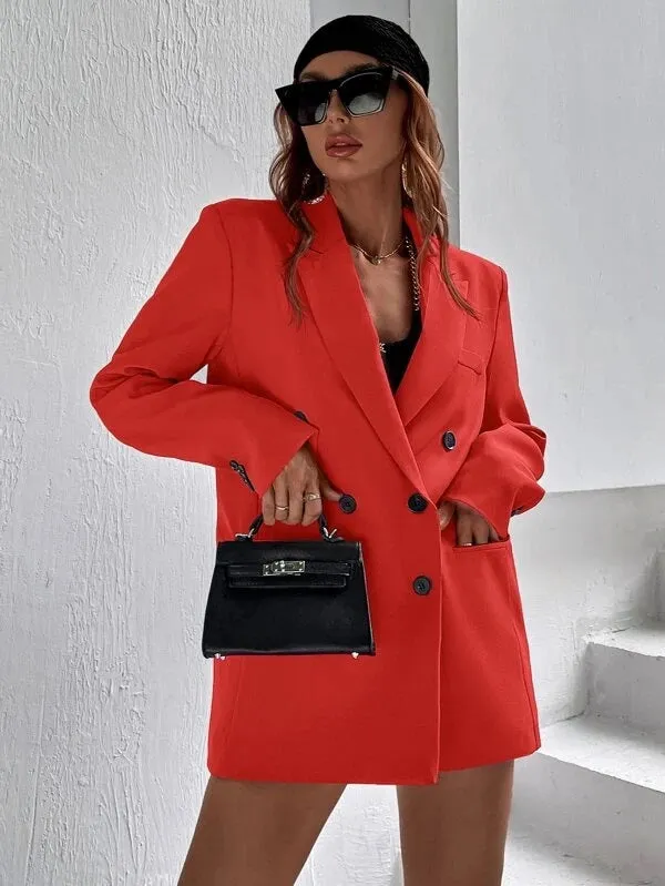 CM-CS033404 Women Elegant Seoul Style Flap Detail Double Breasted Lapel Neck Blazer - Orange