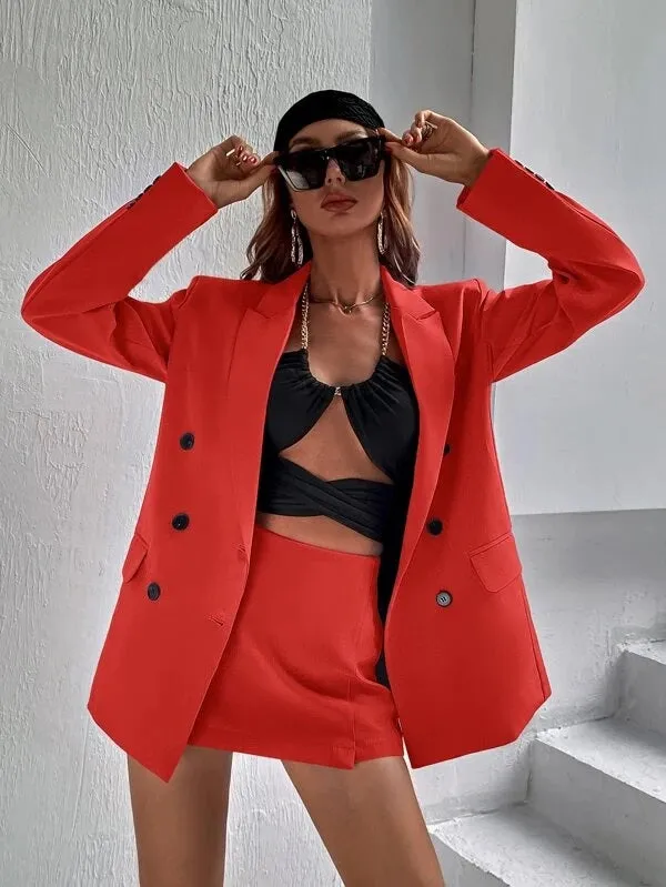 CM-CS033404 Women Elegant Seoul Style Flap Detail Double Breasted Lapel Neck Blazer - Orange
