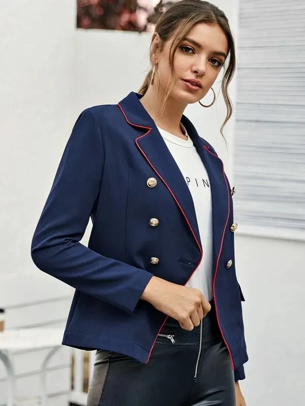 CM-CS121203 Women Elegant Seoul Style Notched Collar Double Breasted Blazer - Navy Blue