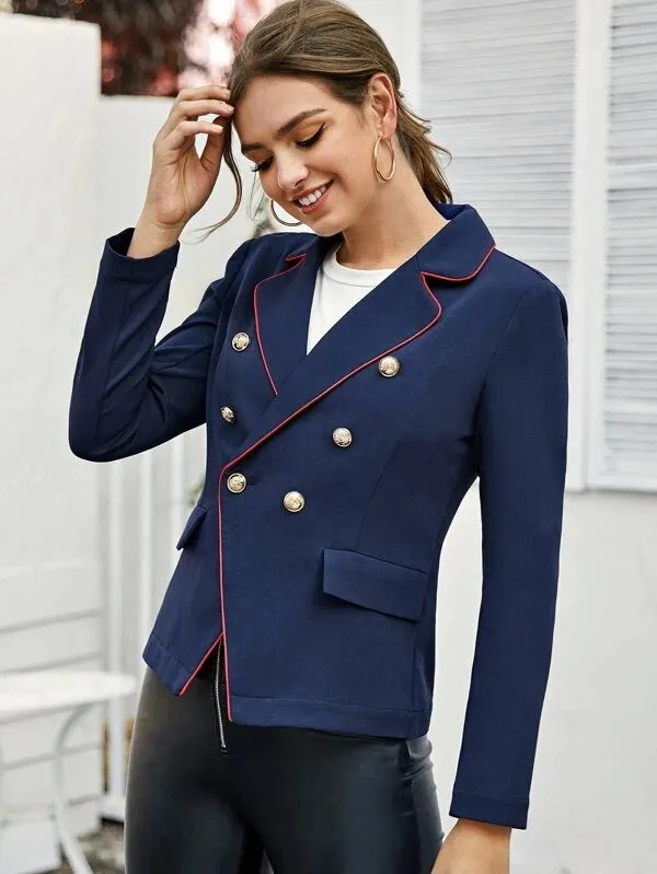 CM-CS121203 Women Elegant Seoul Style Notched Collar Double Breasted Blazer - Navy Blue