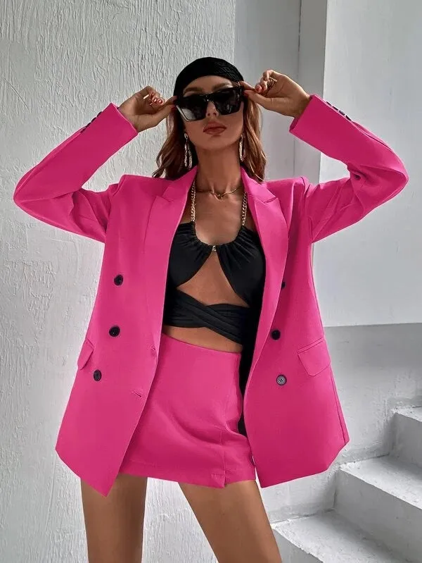 CM-CS124333 Women Elegant Seoul Style Flap Detail Double Breasted Lapel Neck Blazer - Hot Pink