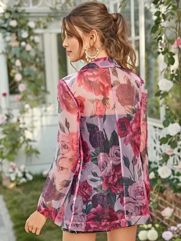 CM-CS129854 Women Elegant Seoul Style Satin Peak Collar Double Breasted Floral Organza Blazer