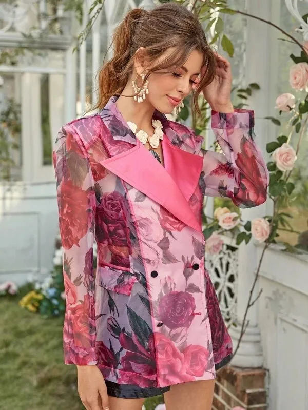 CM-CS129854 Women Elegant Seoul Style Satin Peak Collar Double Breasted Floral Organza Blazer