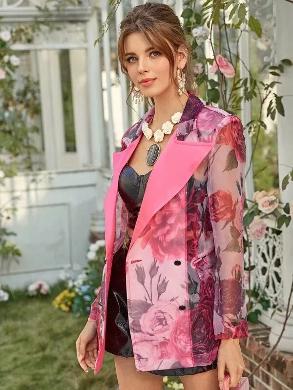 CM-CS129854 Women Elegant Seoul Style Satin Peak Collar Double Breasted Floral Organza Blazer