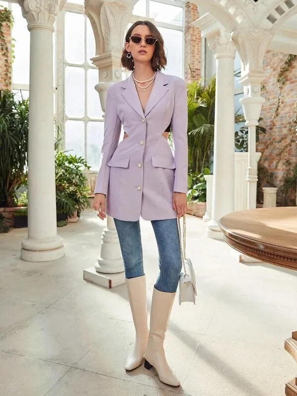 CM-CS178730 Women Elegant Seoul Style Notched Collar Single Breasted Cutout Blazer