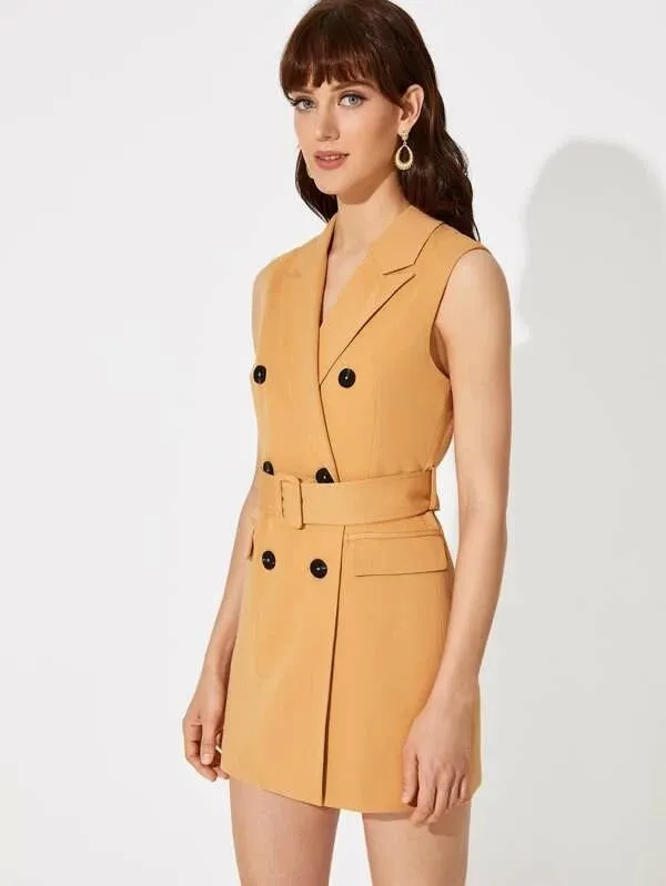 CM-CS214110 Women Elegant Seoul Style Notch Collar Double Breasted Buckle Belted Blazer Dress