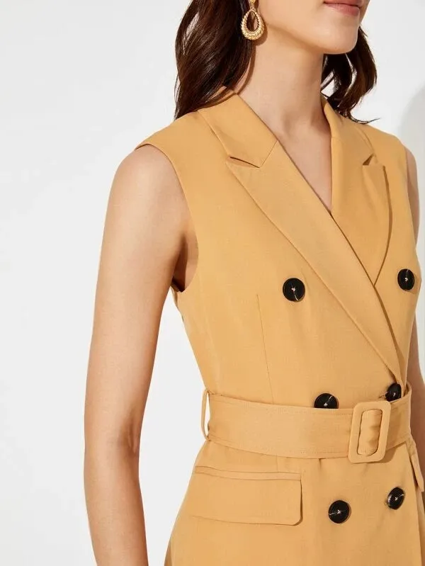CM-CS214110 Women Elegant Seoul Style Notch Collar Double Breasted Buckle Belted Blazer Dress