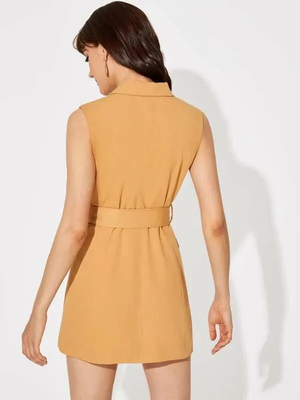 CM-CS214110 Women Elegant Seoul Style Notch Collar Double Breasted Buckle Belted Blazer Dress