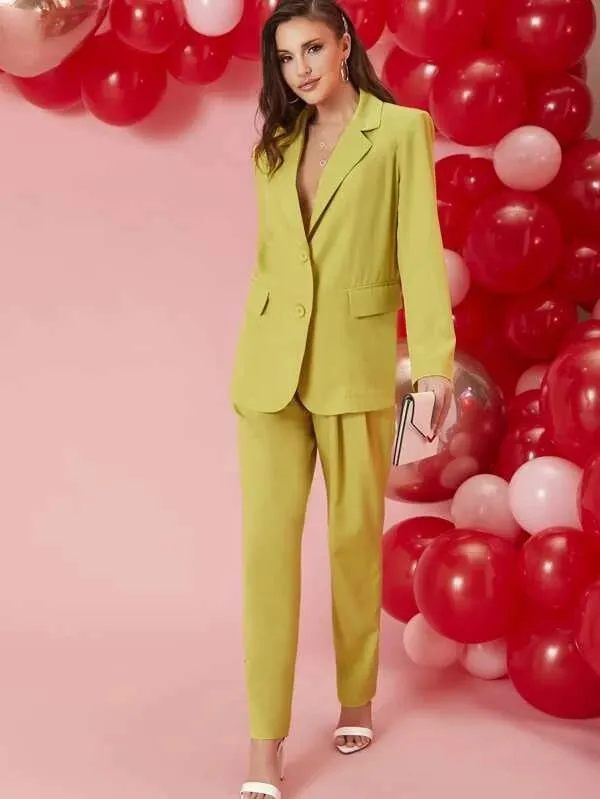CM-CS220136 Women Elegant Seoul Style Long Sleeve Notched Collar Single Breasted Blazer - Yellow