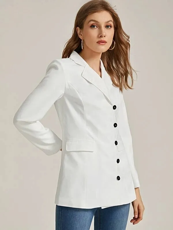 CM-CS225353 Women Elegant Seoul Style Solid Single-Breasted Ticket Pocket Blazer - White