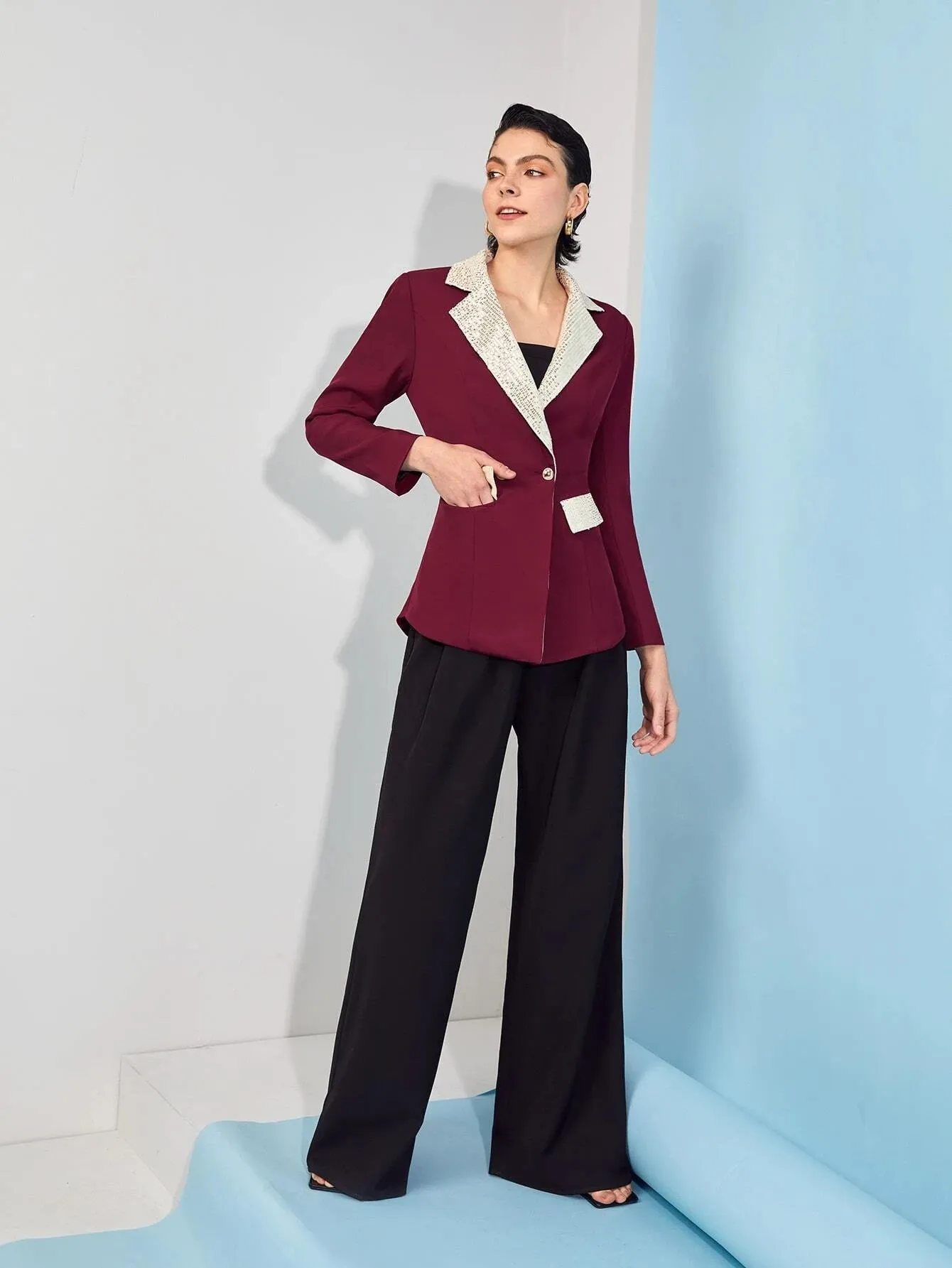 CM-CS593858 Women Elegant Seoul Style Sequin Paneled Double Breasted Blazer - Burgundy
