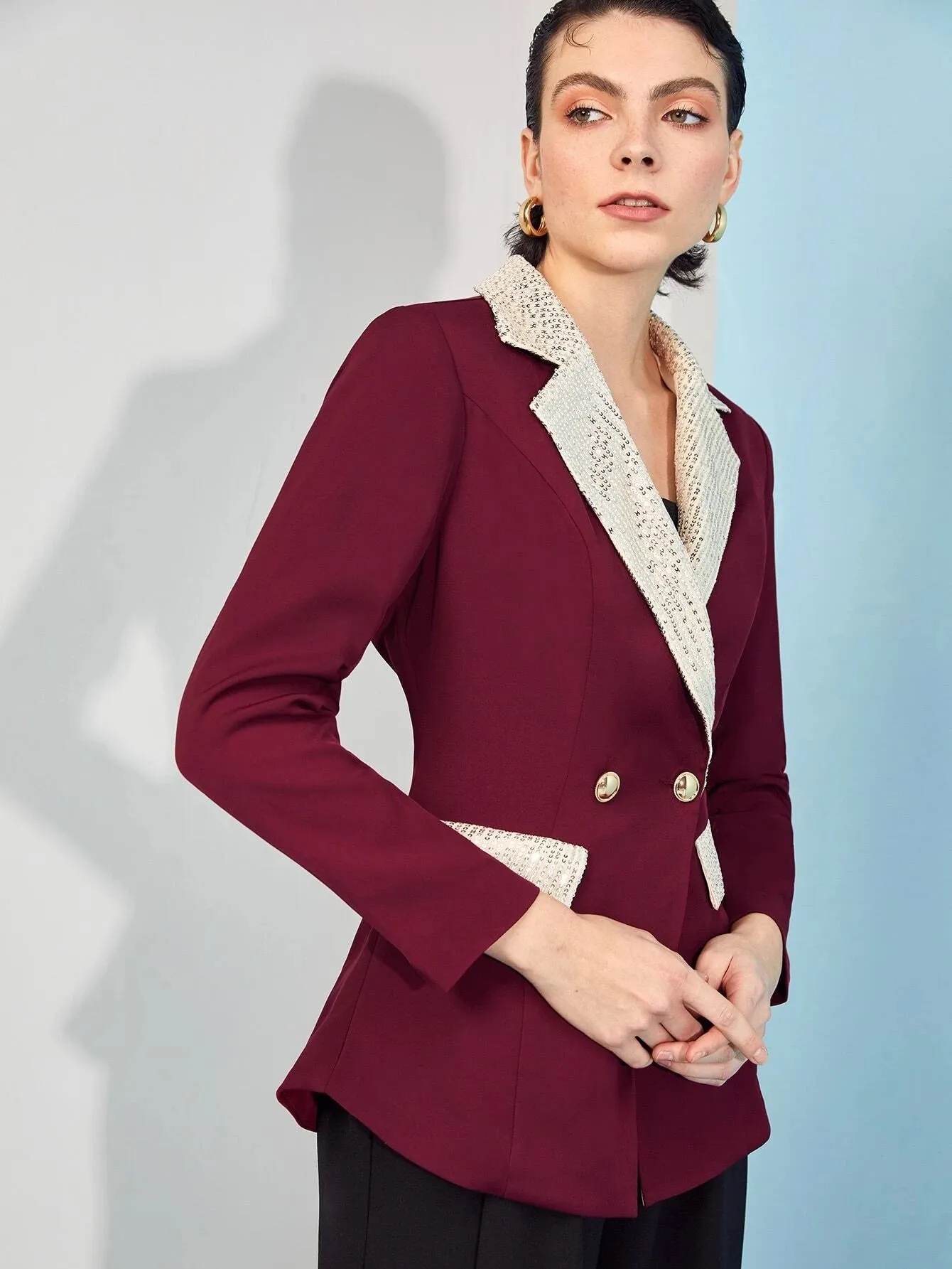 CM-CS593858 Women Elegant Seoul Style Sequin Paneled Double Breasted Blazer - Burgundy