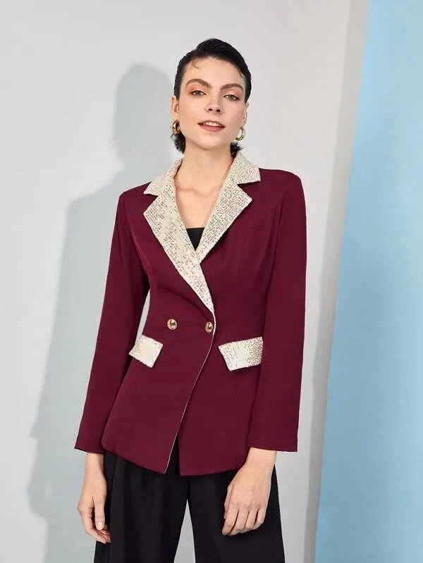 CM-CS593858 Women Elegant Seoul Style Sequin Paneled Double Breasted Blazer - Burgundy