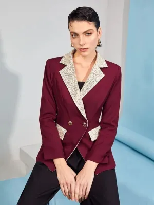 CM-CS593858 Women Elegant Seoul Style Sequin Paneled Double Breasted Blazer - Burgundy