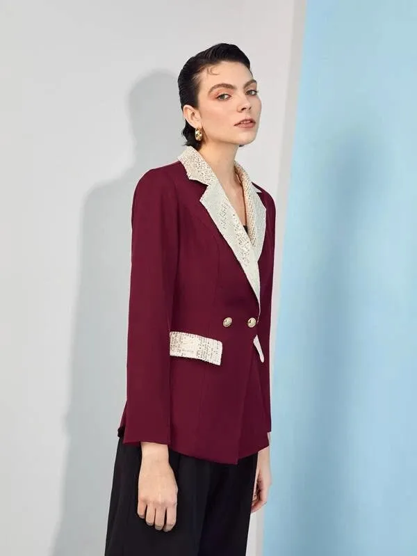 CM-CS593858 Women Elegant Seoul Style Sequin Paneled Double Breasted Blazer - Burgundy