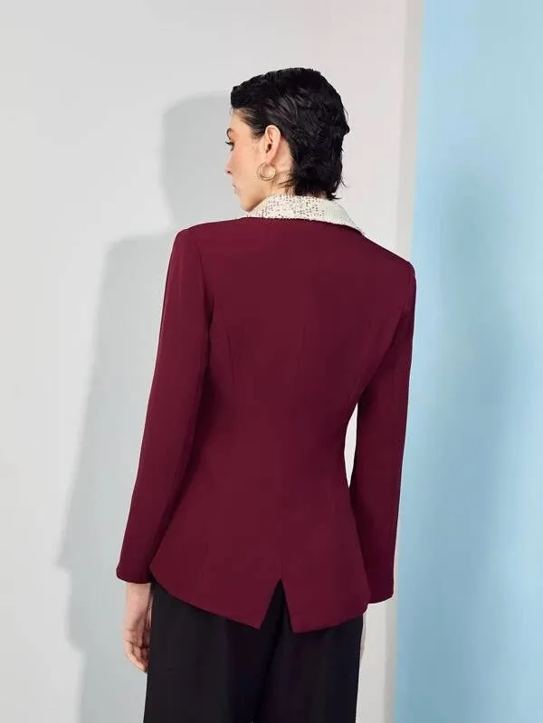 CM-CS593858 Women Elegant Seoul Style Sequin Paneled Double Breasted Blazer - Burgundy