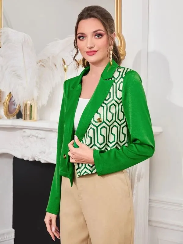 CM-CS652522 Women Casual Seoul Style Geometric Print Double Breasted Satin Blazer