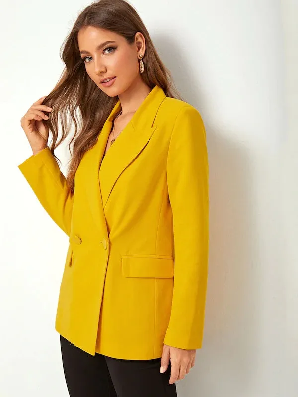 CM-CS716622 Women Elegant Seoul Style Long Sleeve Solid Double Breasted Notched Blazer - Yellow