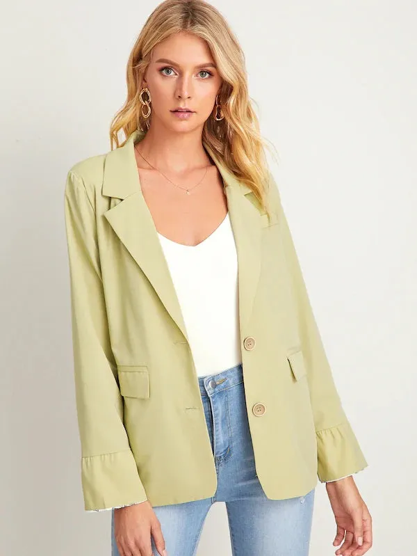 CM-CS731480 Women Elegant Seoul Style Long Sleeve Rolled Cuff Single Breasted Blazer - Green
