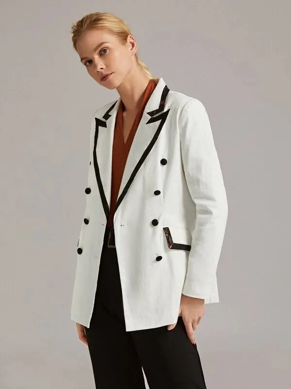 CM-CS822778 Women Elegant Seoul Style Snakeskin Trim Notched Collar Double Breasted Blazer - White