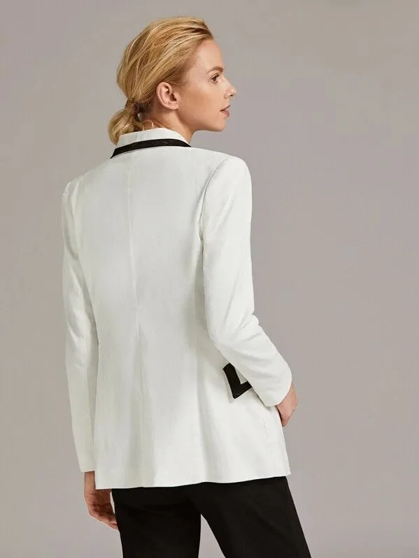 CM-CS822778 Women Elegant Seoul Style Snakeskin Trim Notched Collar Double Breasted Blazer - White