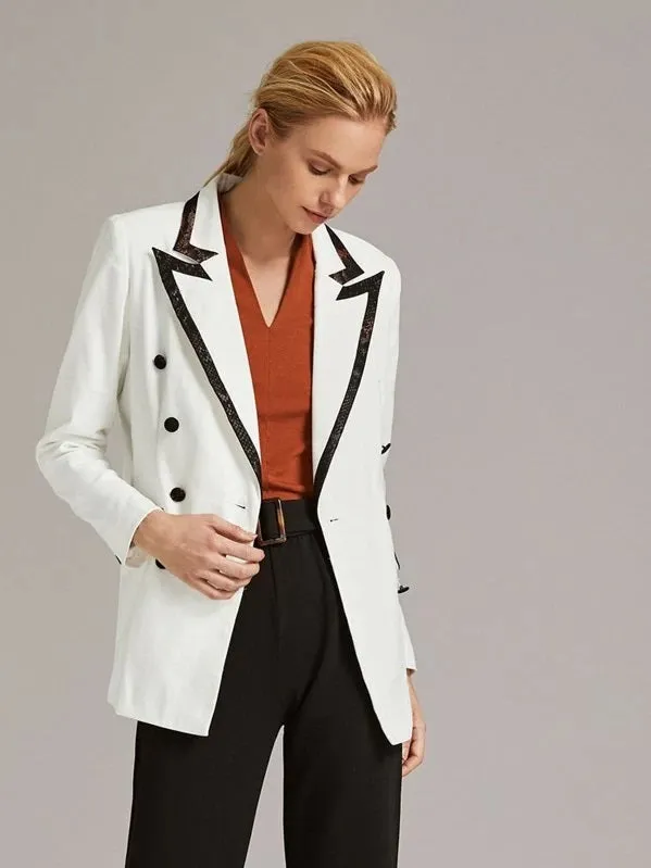 CM-CS822778 Women Elegant Seoul Style Snakeskin Trim Notched Collar Double Breasted Blazer - White