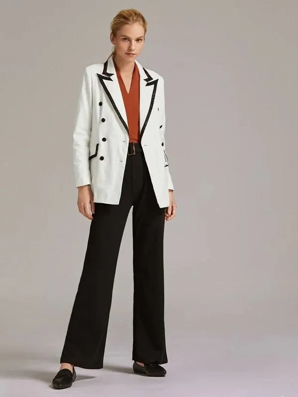 CM-CS822778 Women Elegant Seoul Style Snakeskin Trim Notched Collar Double Breasted Blazer - White