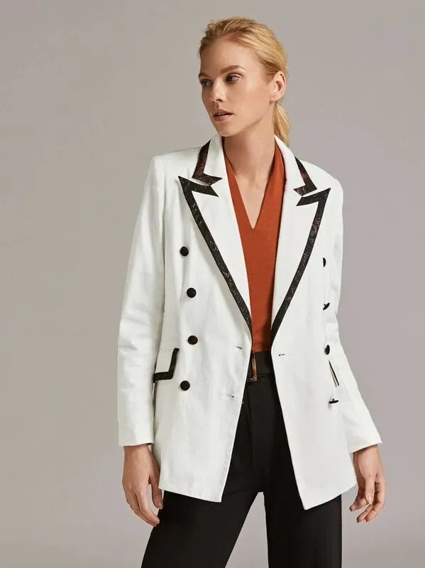 CM-CS822778 Women Elegant Seoul Style Snakeskin Trim Notched Collar Double Breasted Blazer - White