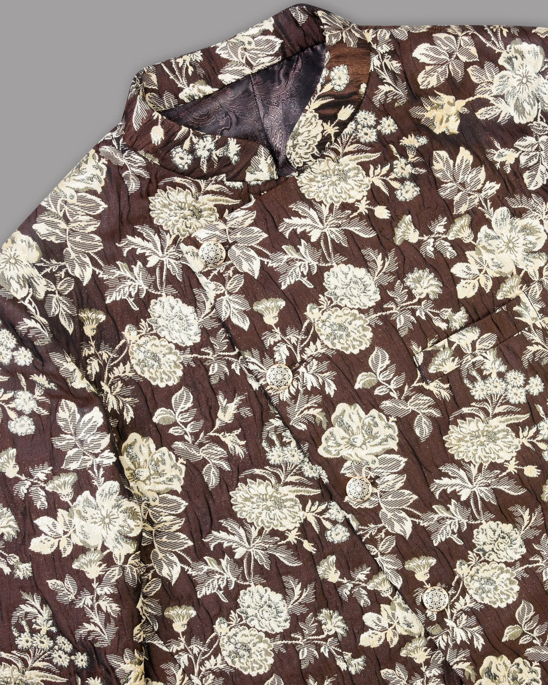 Coffee with Cream and Golden Flower Jacquard Textured Cross buttoned Mandarin Designer Blazer