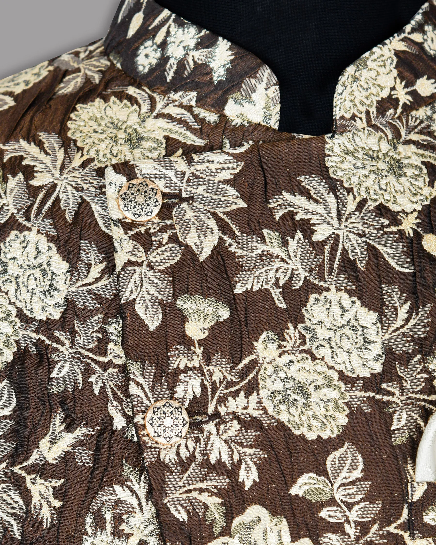 Coffee with Cream and Golden Flower Jacquard Textured Cross buttoned Mandarin Designer Blazer