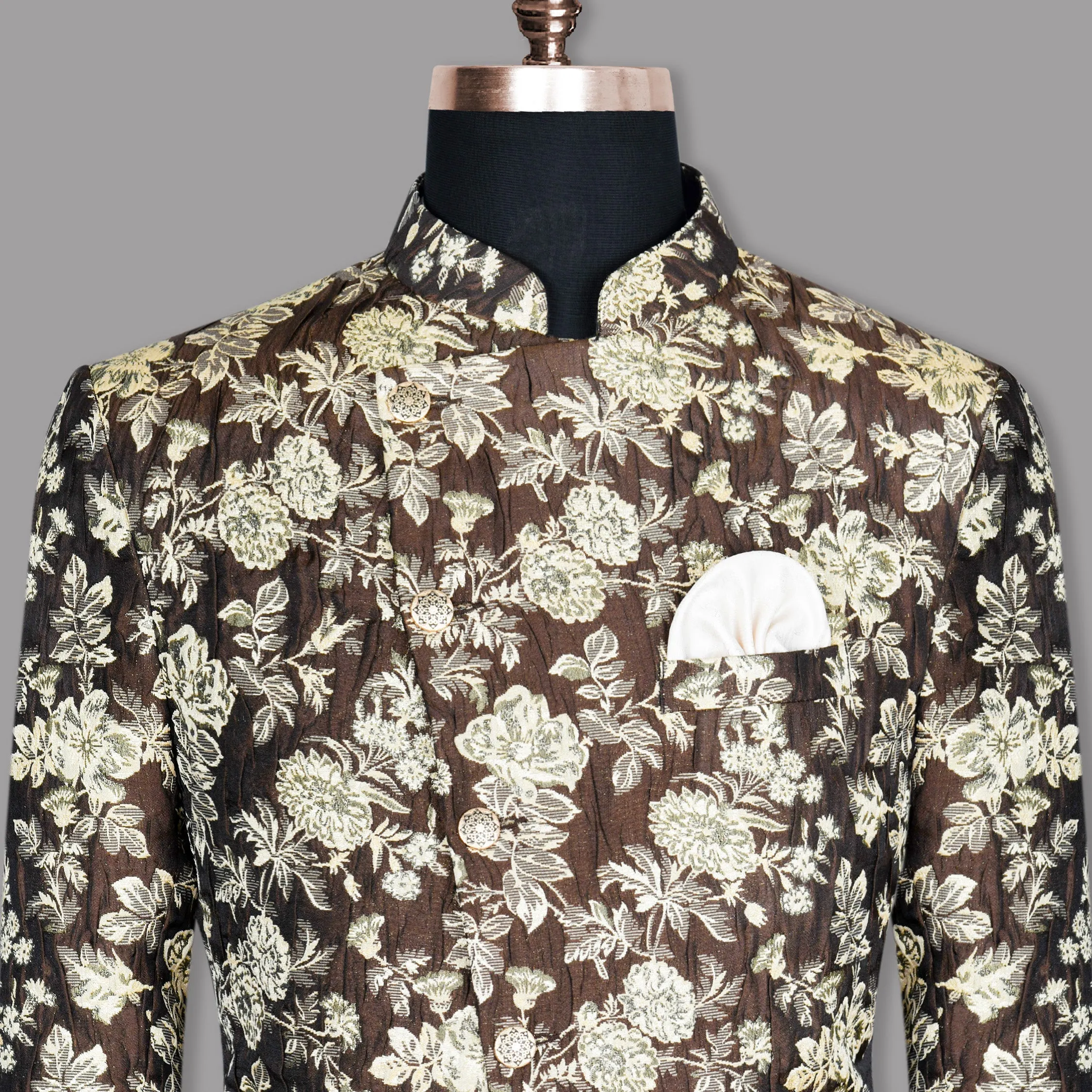 Coffee with Cream and Golden Flower Jacquard Textured Cross buttoned Mandarin Designer Blazer