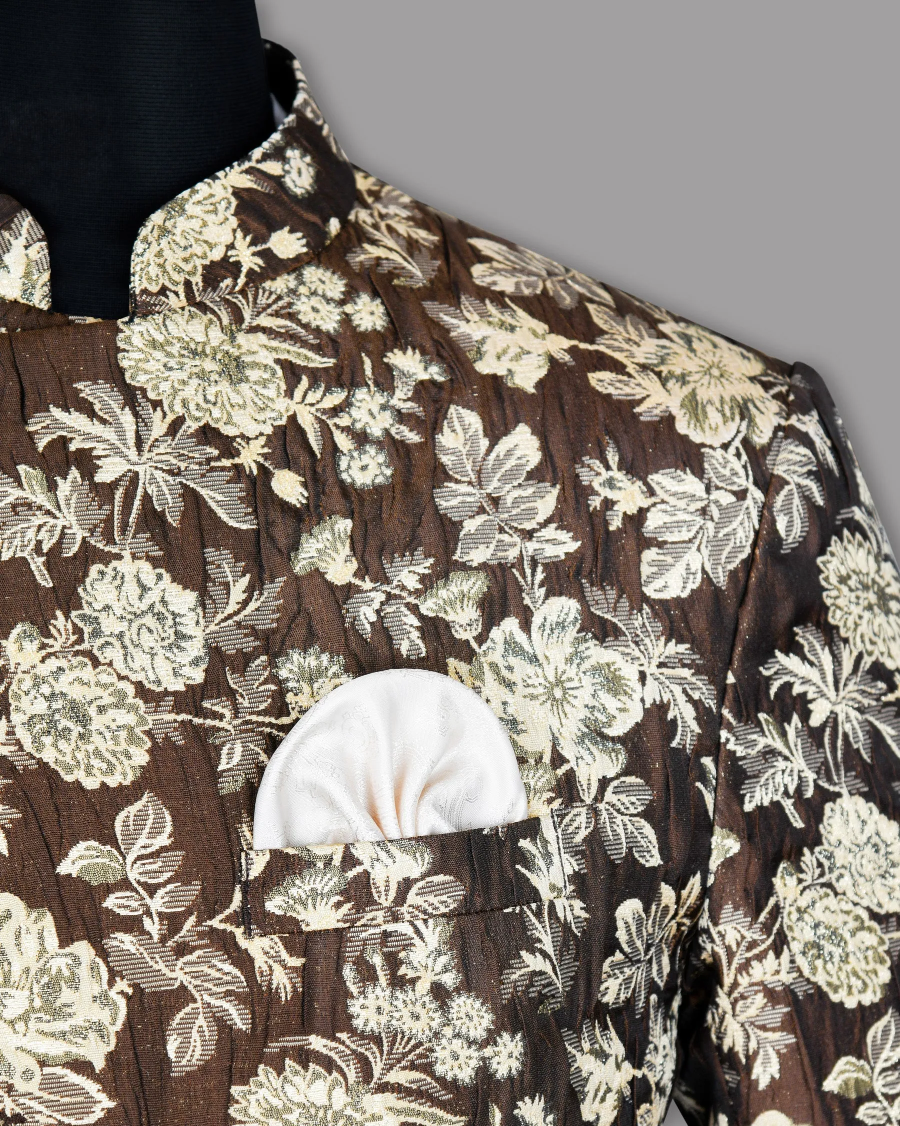 Coffee with Cream and Golden Flower Jacquard Textured Cross buttoned Mandarin Designer Blazer