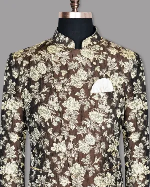 Coffee with Cream and Golden Flower Jacquard Textured Cross buttoned Mandarin Designer Blazer