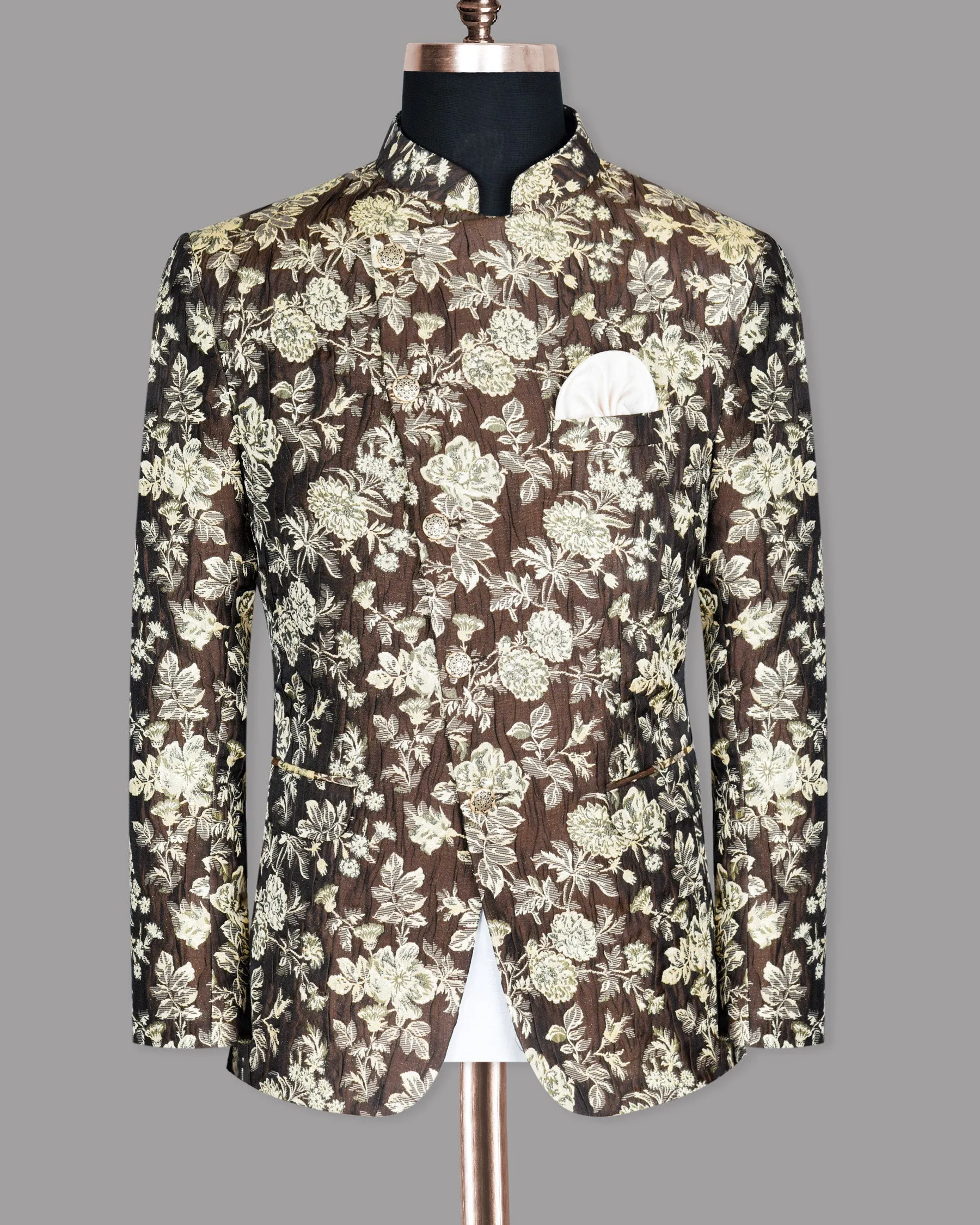 Coffee with Cream and Golden Flower Jacquard Textured Cross buttoned Mandarin Designer Blazer