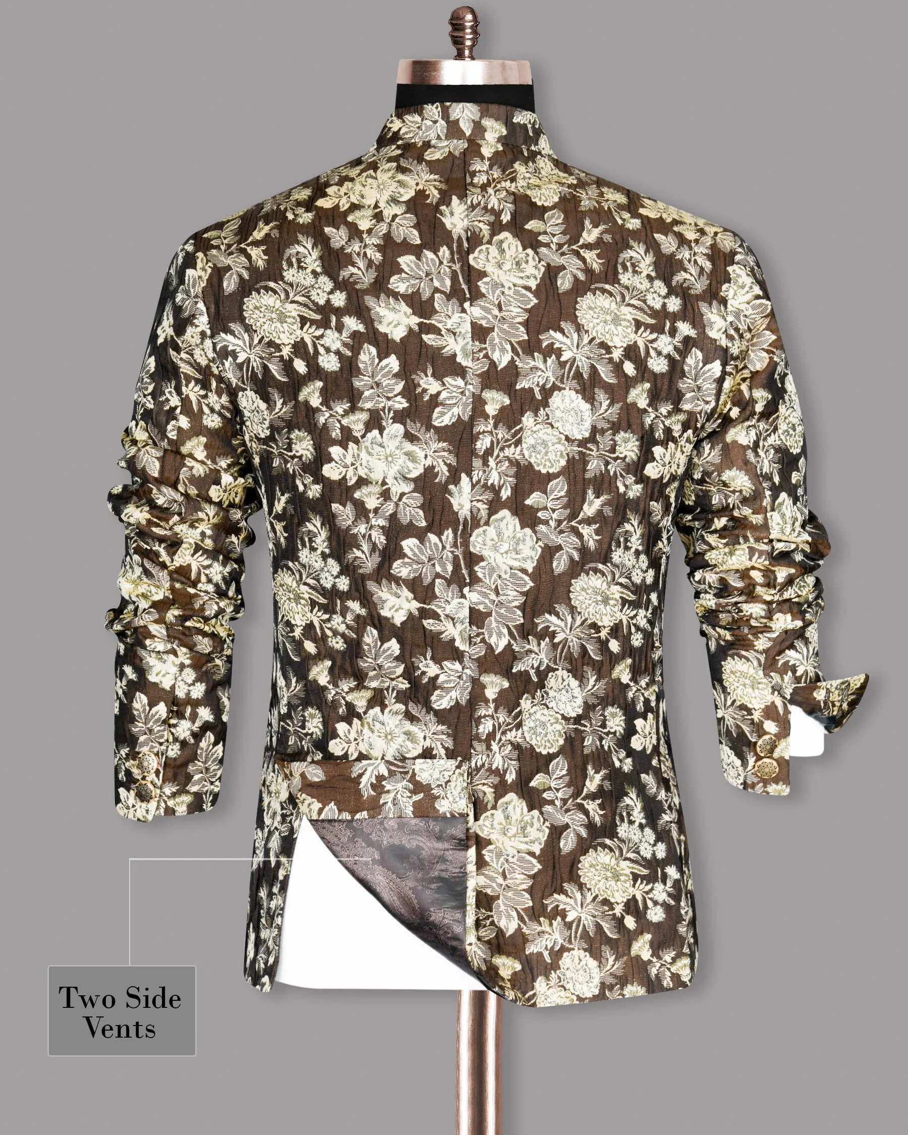 Coffee with Cream and Golden Flower Jacquard Textured Cross buttoned Mandarin Designer Blazer