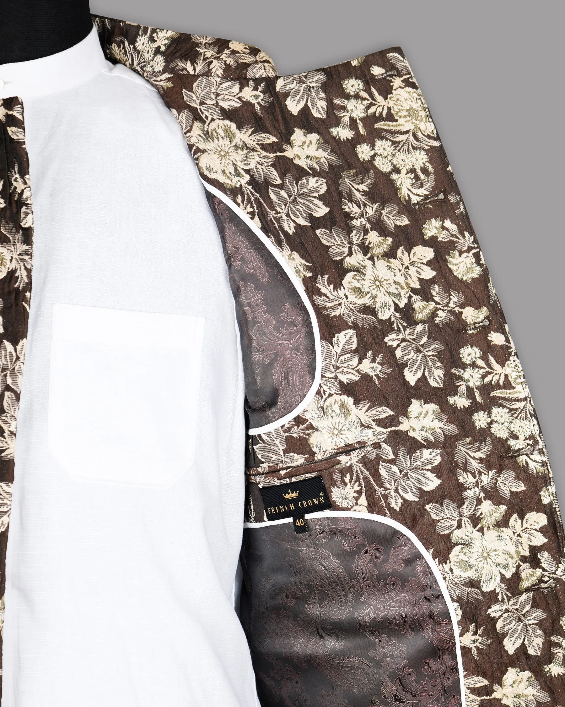 Coffee with Cream and Golden Flower Jacquard Textured Cross buttoned Mandarin Designer Blazer
