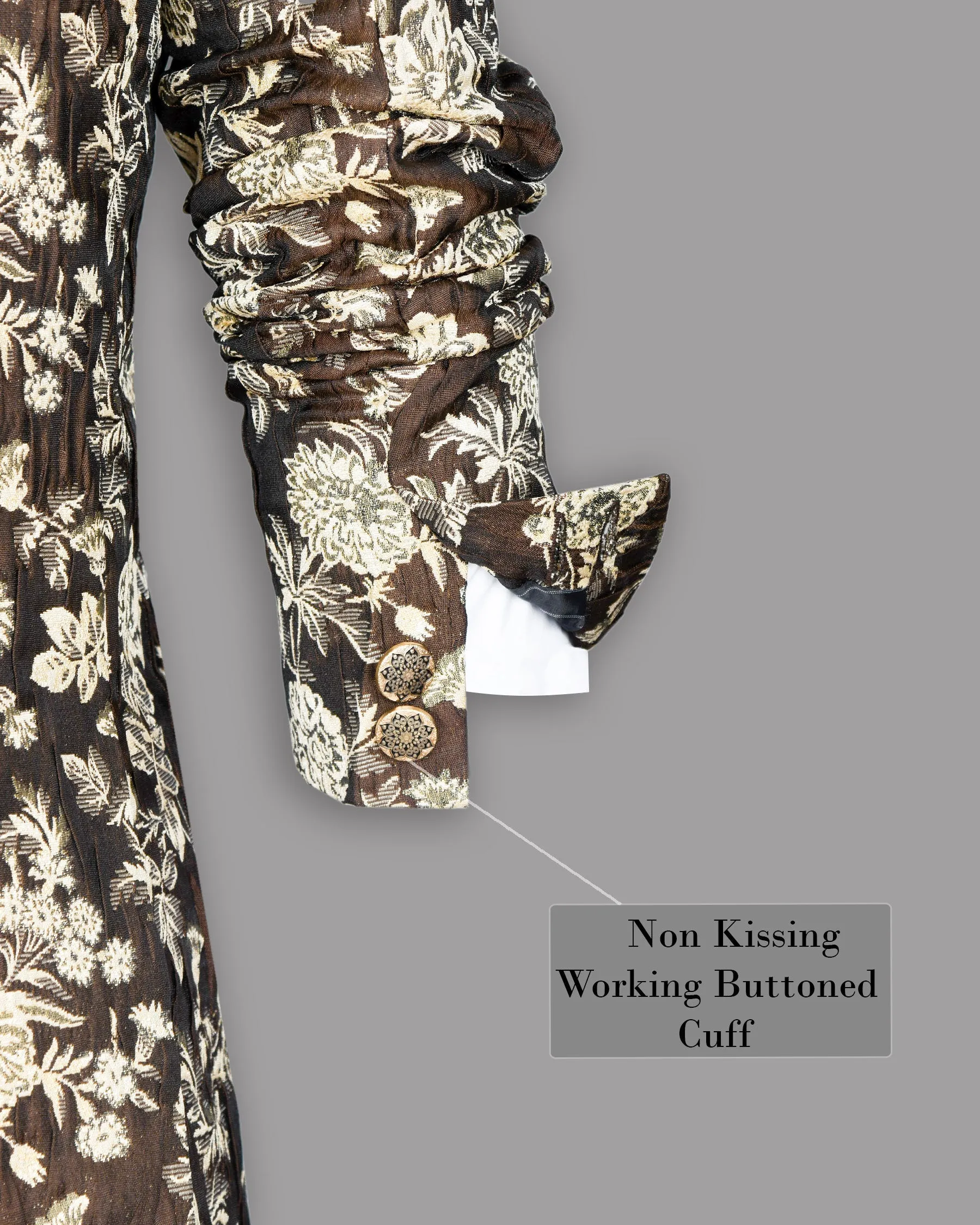 Coffee with Cream and Golden Flower Jacquard Textured Cross buttoned Mandarin Designer Blazer