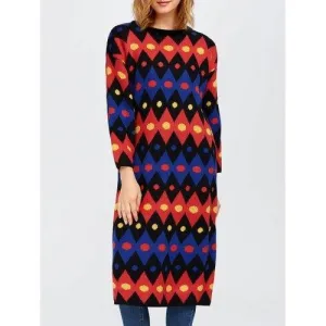 Color Block Midi Shift Sweater Dress - Red One Size
