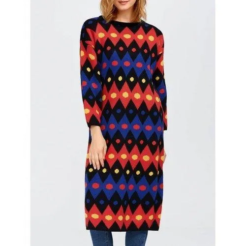 Color Block Midi Shift Sweater Dress - Red One Size
