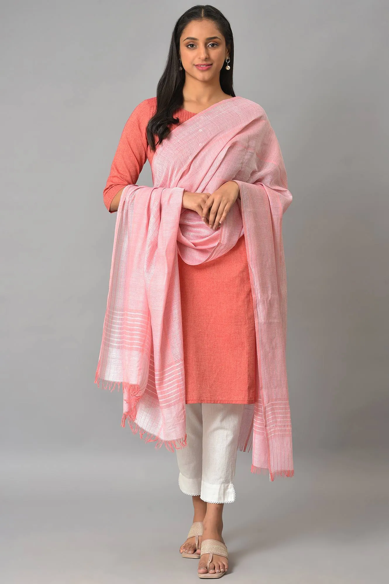 Coral And White Yarn-Dyed Premium Dupatta