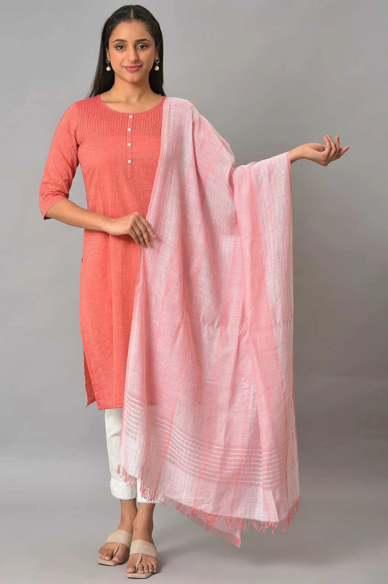 Coral And White Yarn-Dyed Premium Dupatta