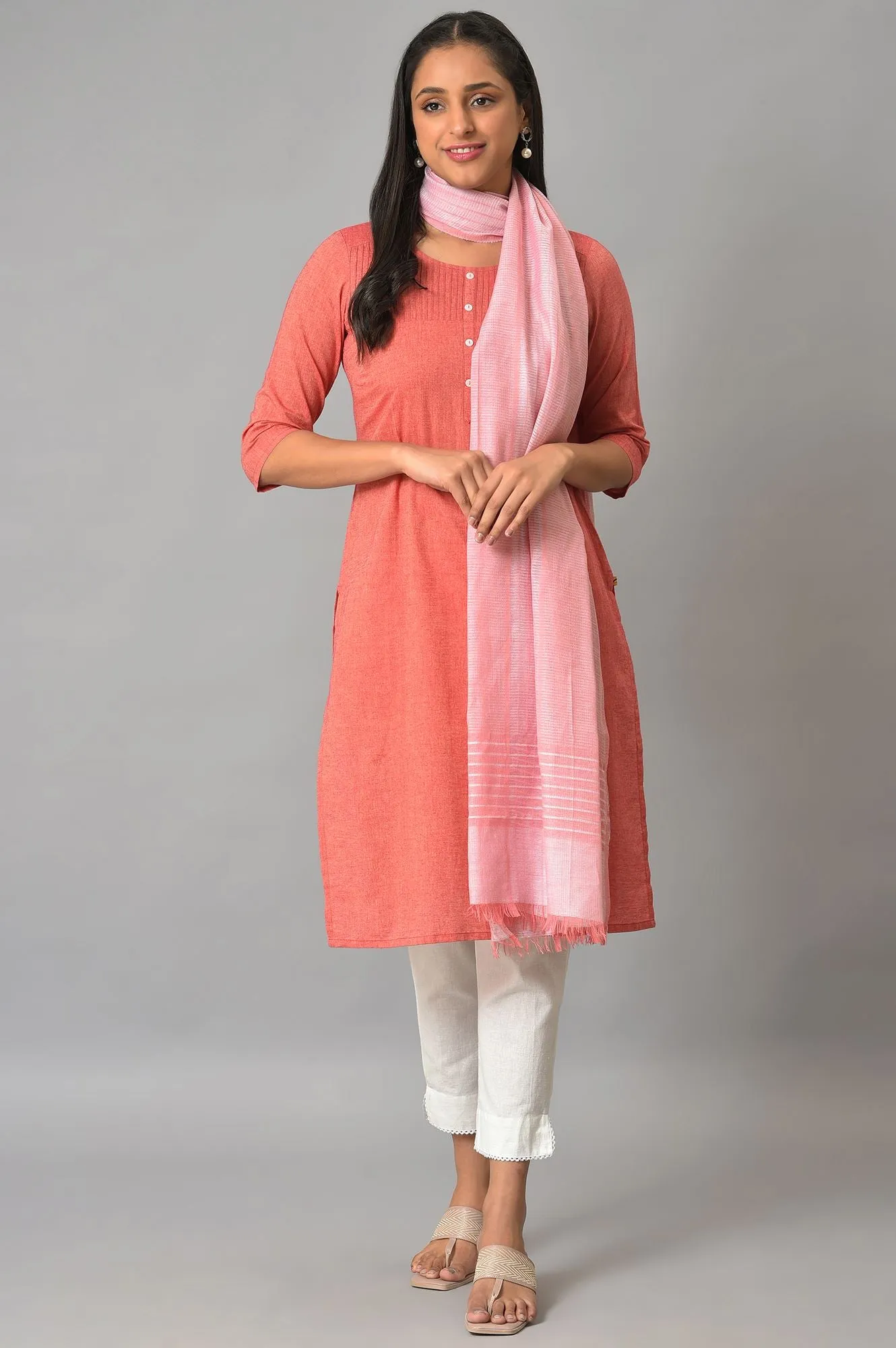 Coral And White Yarn-Dyed Premium Dupatta