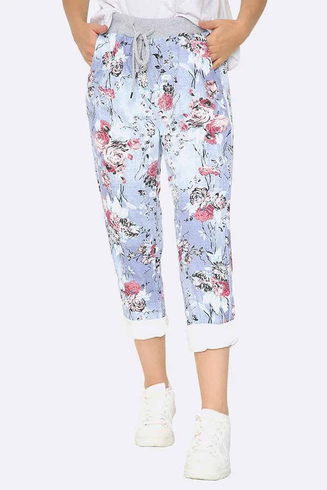 Cotton Floral Print Foldover Hem Trouser