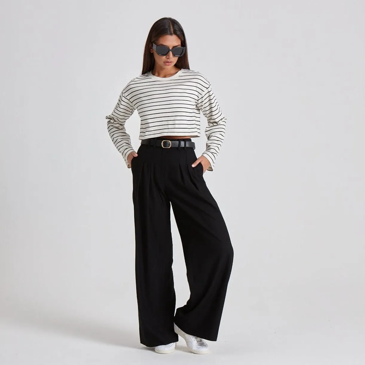 CROPPED STRIPE LONG SLEEVE TEE - CREAM / BLACK