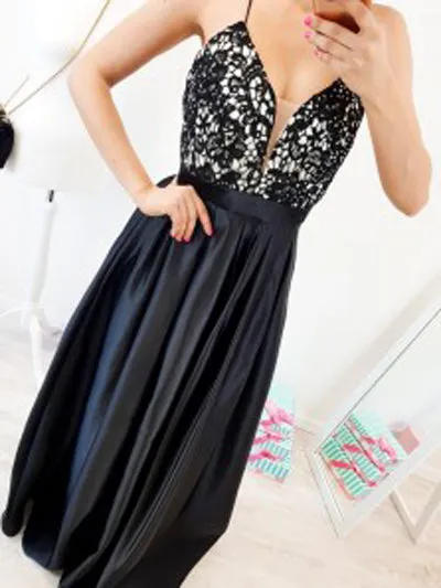 Cute V-neck Spaghetti Straps Cross Back Black Long Prom Dresses with Lace,Party Dresses,MP602
