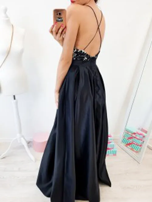 Cute V-neck Spaghetti Straps Cross Back Black Long Prom Dresses with Lace,Party Dresses,MP602