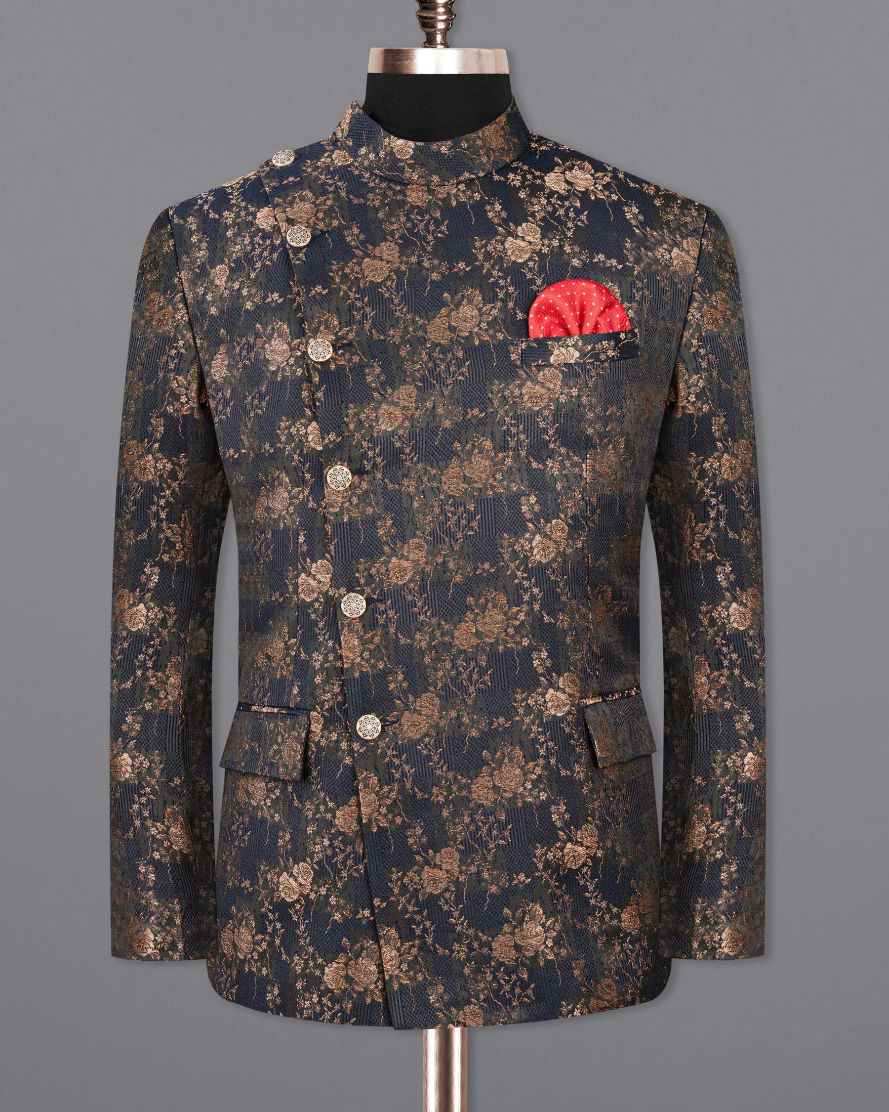 Cyprus Blue Floral Textured Cross Buttoned Bandhgala Blazer