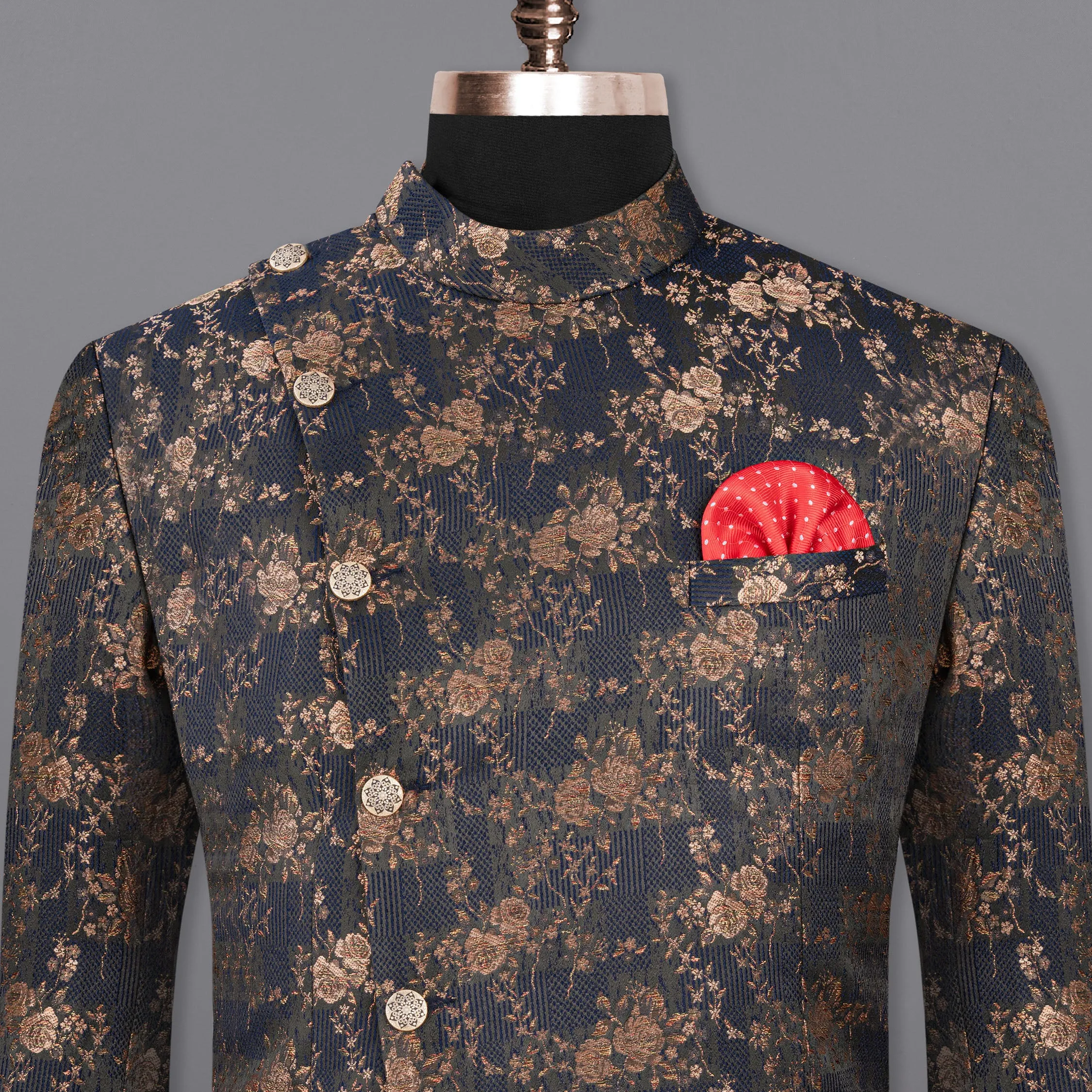 Cyprus Blue Floral Textured Cross Buttoned Bandhgala Blazer